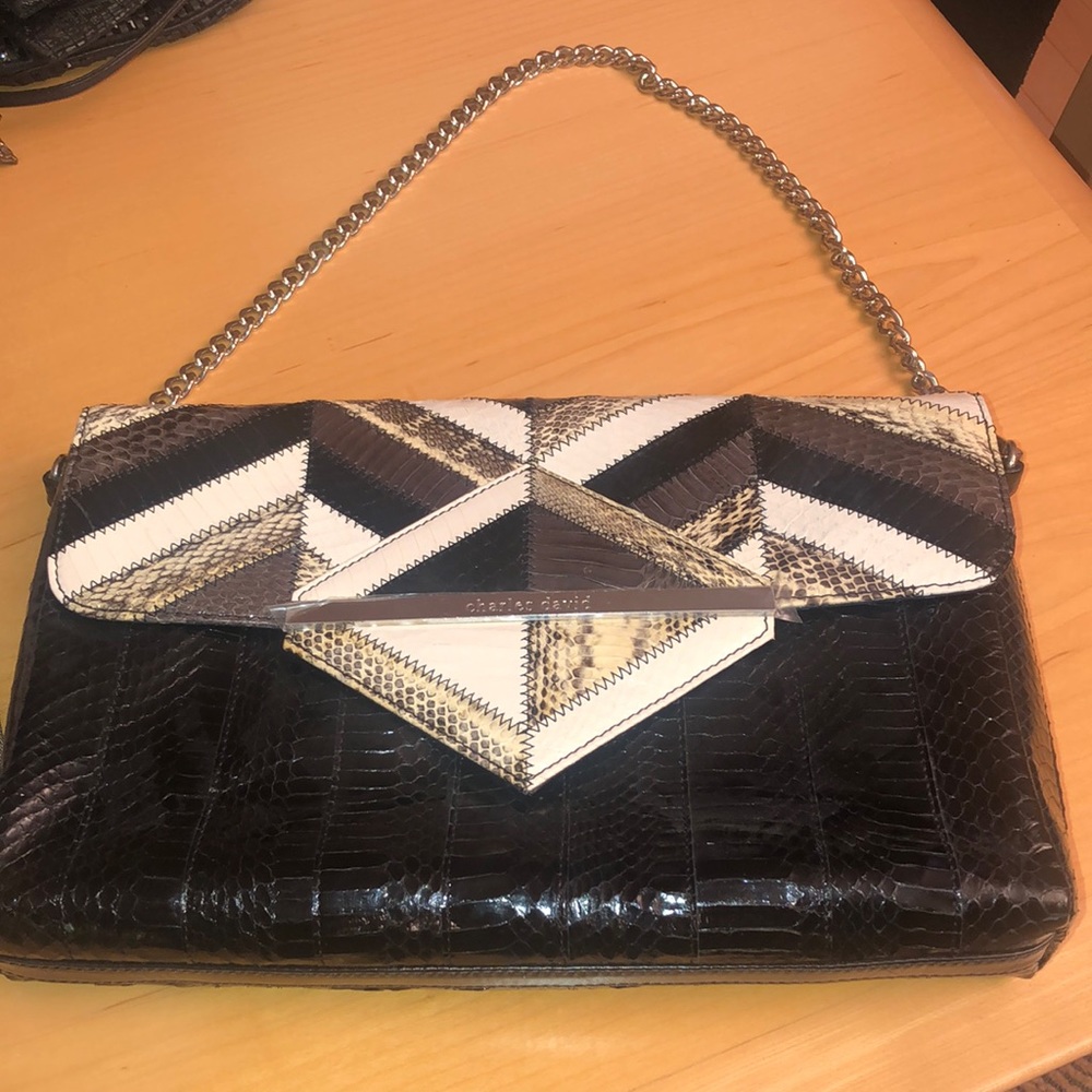 Charles David leather mixed snakeskin bag, silver chain,13x9x2.5